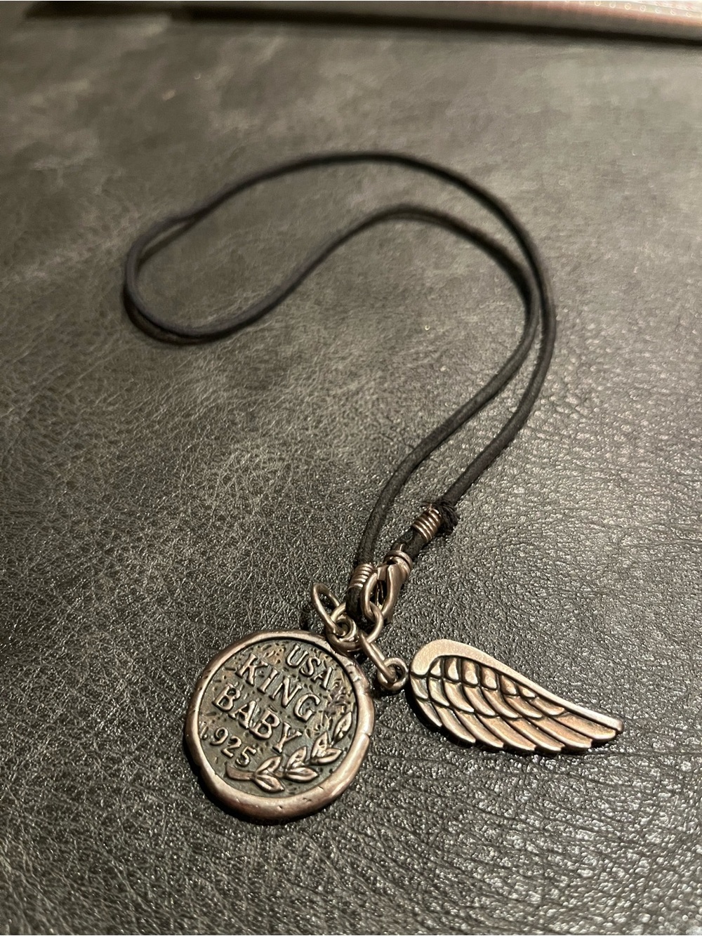 King Baby Studio Sterling Silver Heart & Wing Pendant Necklace on Leather Cord